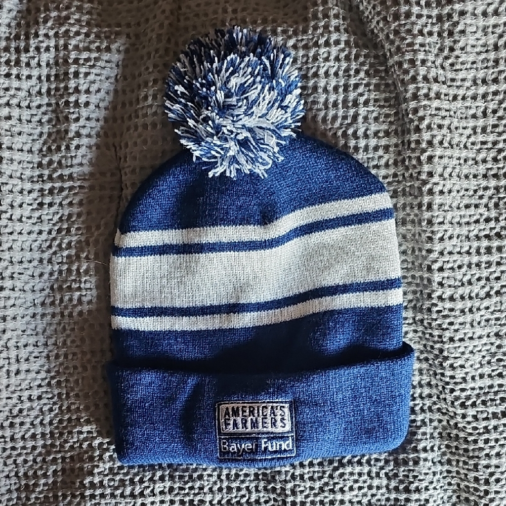 America’s Farmers Bayer Fund Blue Pom Beanie | Striped Knit Winter Hat